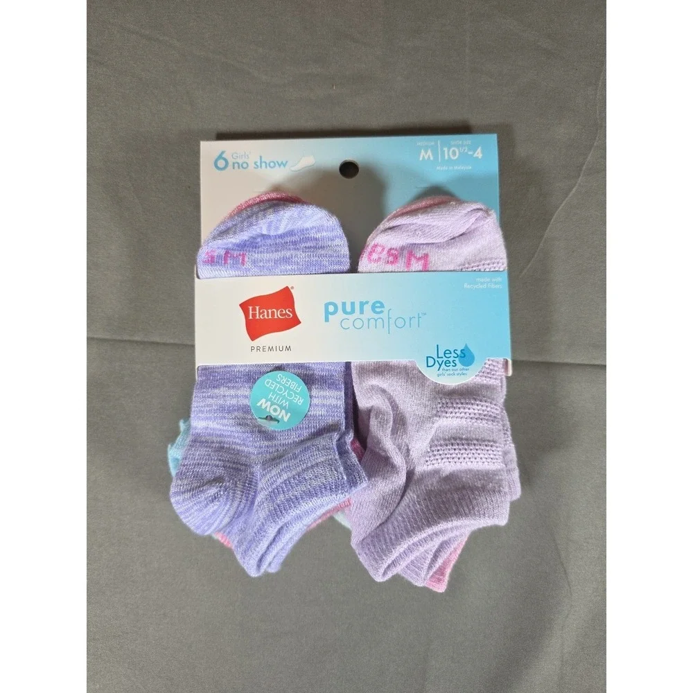 Hanes Premium Pure Comfort Girls' 6pk No Show Socks - M 10.5-4 6 PAIRS